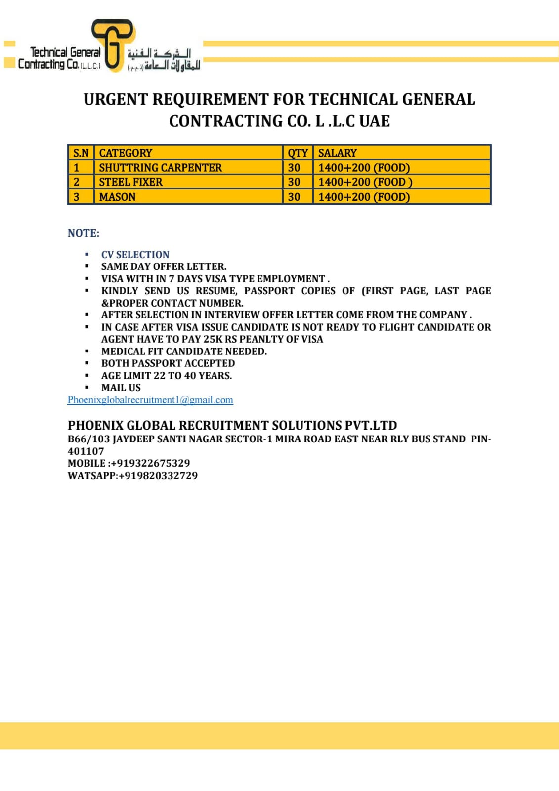 URGENT REQUIREMENT FOR TECHNICAL GENERAL CONTRACTING CO. LL.CHAЕ