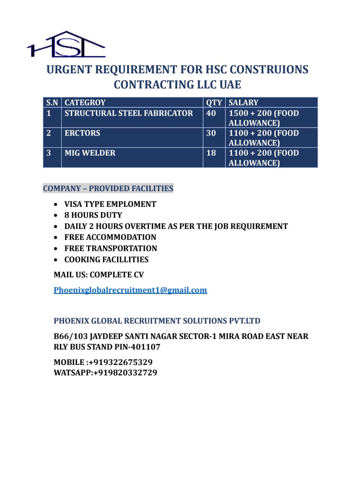 URGENT REQUIREMENT FOR HSC CONSTRUIONS CONTRACTING LLC UAE